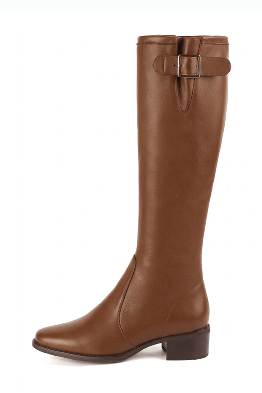 Dress custom-made knee-high boots with buckles in caramel brown leather with thick leather soles and round toe - Profile view